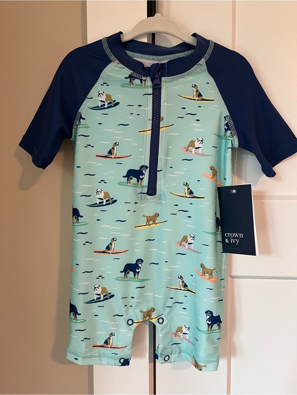 Crown & Ivy Toddler Light Blue Dog Surf Short-Sleeve Swim Romper
